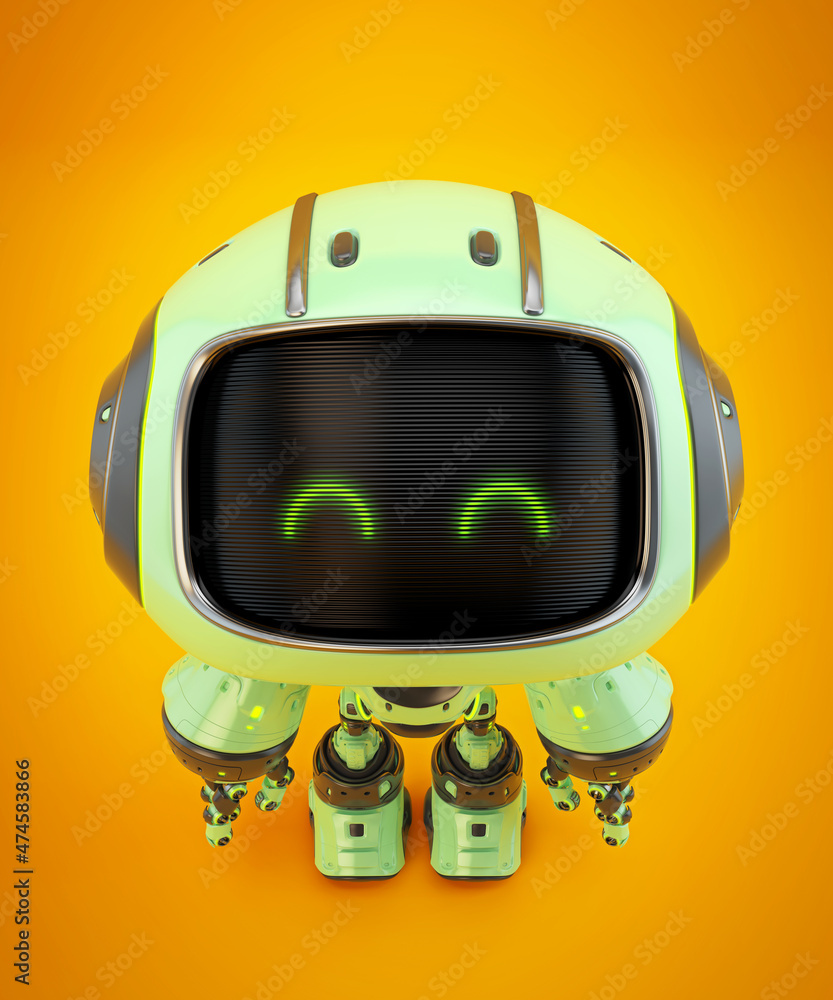 Poster cute smiling robot with green and black design in a top-down view against a vibrant orange backgroun