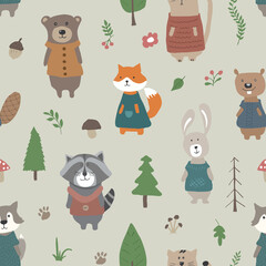 Cute animals Seamless pattern. Cartoon Animals in forest background. Vector illustration