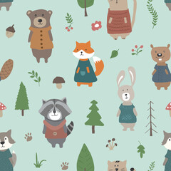 Cute animals Seamless pattern. Cartoon Animals in forest background. Vector illustration