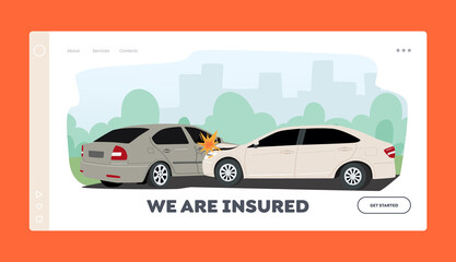 Car Crash, Road Collision Landing Page Template. Accident. Damaged Transport in City, Drive Disaster, Smashed Vehicles