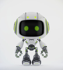 Front view of a cute futuristic white robot with green accents and black digital face on a plain background