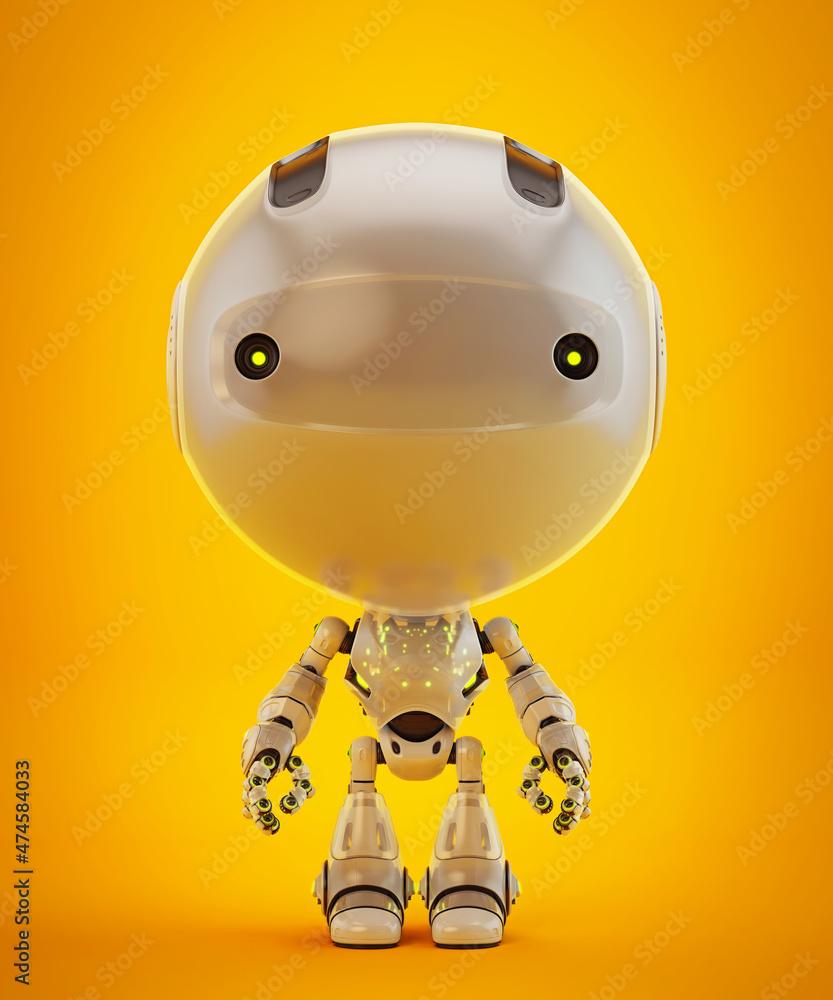 Poster adorable futuristic robot character with a large spherical head and small body, facing forward on a 