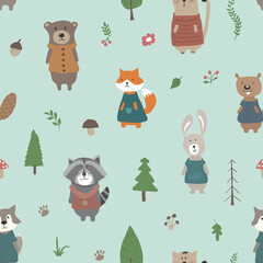 Cute animals Seamless pattern. Cartoon Animals in forest background. Vector illustration