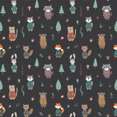 Cute animals Seamless pattern. Cartoon Animals in forest background. Vector illustration