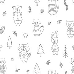 Naklejka premium Cute animals Seamless pattern. Cartoon Animals in forest background. Vector illustration