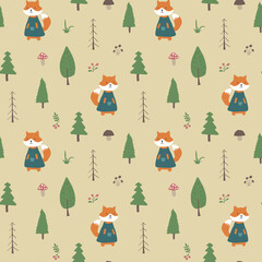 Cute Fox Seamless pattern. Cartoon Animals in forest background. Vector illustration