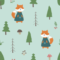 Cute Fox Seamless pattern. Cartoon Animals in forest background. Vector illustration