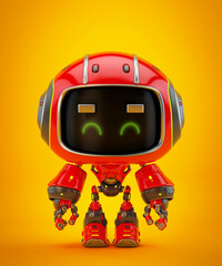 Adorable red futuristic robot with glowing green eyes standing on a bright yellow background, showcasing advanced cartoonish design
