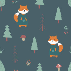 Cute Fox Seamless pattern. Cartoon Animals in forest background. Vector illustration