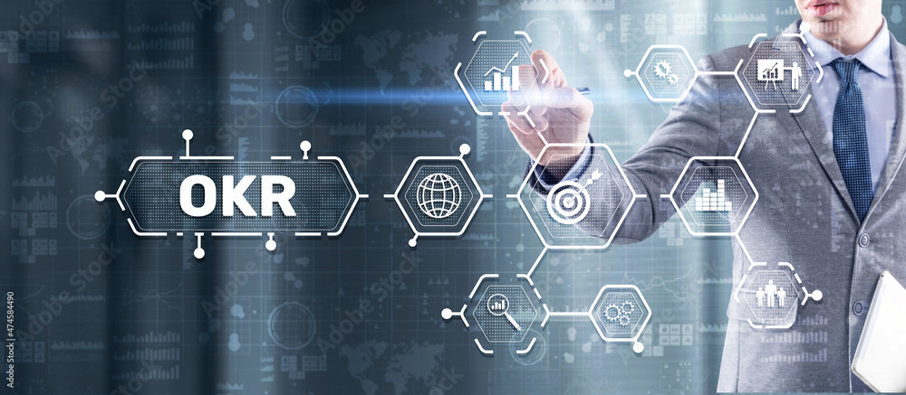 Poster objective key results. project management. business technology process on virtual screen