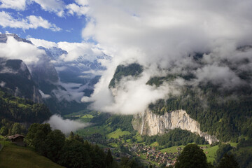The spectacular Lauterbrunnen valley in early morning from Wengwald, Bernese Oberland, Switzerland