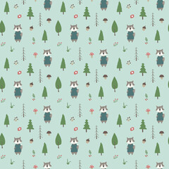 Cute wolf Seamless pattern. Cartoon Animals in forest background. Vector illustration
