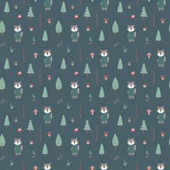 Cute wolf Seamless pattern. Cartoon Animals in forest background. Vector illustration