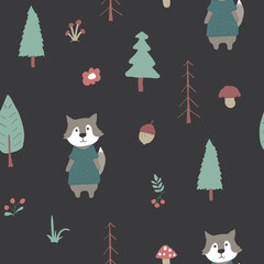 Cute wolf Seamless pattern. Cartoon Animals in forest background. Vector illustration