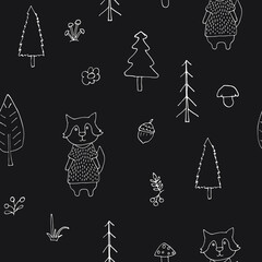 Cute wolf Seamless pattern. Cartoon Animals in forest background. Vector illustration
