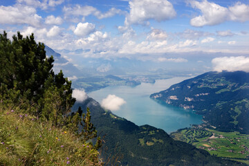 Thunersee (Lake Thun) in the distance, from the Panoramaweg around the heights of Schynige Platte, Kanton Bern, Switzerland