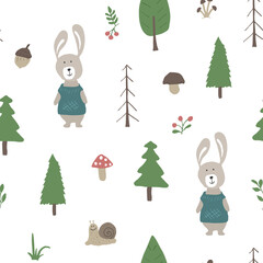 Cute rabbit Seamless pattern. Cartoon Animals in forest background. Vector illustration