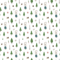 Cute rabbit Seamless pattern. Cartoon Animals in forest background. Vector illustration