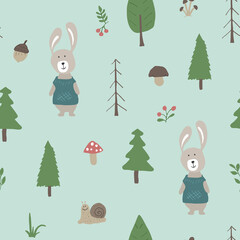 Cute rabbit Seamless pattern. Cartoon Animals in forest background. Vector illustration