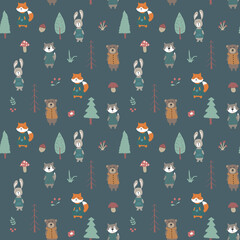 Cute animals Seamless pattern. Cartoon Animals in forest background. Vector illustration