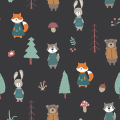 Cute animals Seamless pattern. Cartoon Animals in forest background. Vector illustration