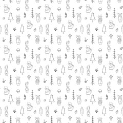 Cute animals Seamless pattern. Cartoon Animals in forest background. Vector illustration