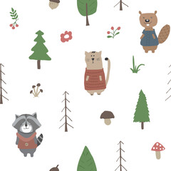 Cute animals Seamless pattern. Cartoon Animals in forest background. Vector illustration