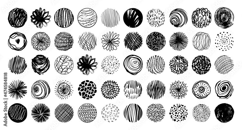 Wall mural set of black abstract textured circles with patterns.