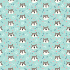 Obraz premium Cute wolf Seamless pattern. Cartoon Animals in forest background. Vector illustration