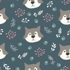 Cute wolf Seamless pattern. Cartoon Animals in forest background. Vector illustration