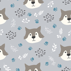 Cute wolf Seamless pattern. Cartoon Animals in forest background. Vector illustration