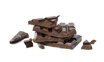 broken black chocolate with pieces isolated on white background. Dessert bar of chocolate