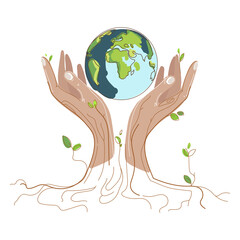 Save the world concept.Planet earth in human hands with foliage and tree roots on a white background sketch style drawing.World climate change.Vector illustration