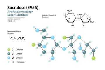 Sucralose. E955. Artificial Sweetener and Sugar Substitute. Structural Chemical Formula and Molecule 3d Model. C12H19Cl3O8. Atoms with Color Coding. Vector Illustration
