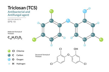 Triclosan. TCS. Antibacterial and Antifungal agent. Antiseptic. Pesticide. Structural Chemical Formula and Molecule 3d Model. C12H7Cl3O2. Atoms with Color Coding. Vector Illustration