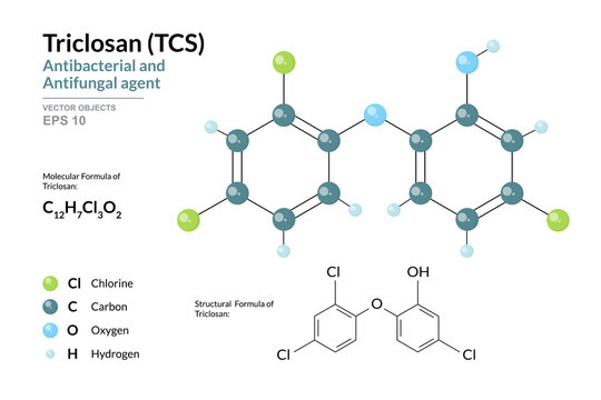 Triclosan. TCS. Antibacterial and Antifungal agent. Antiseptic. Pesticide. Structural Chemical Formula and Molecule 3d Model. C12H7Cl3O2. Atoms with Color Coding. Vector Illustration