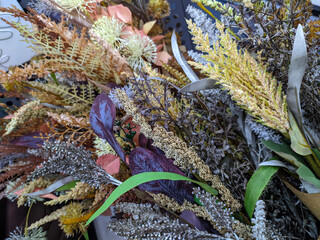 bouquet, texture of festive artificial flowers