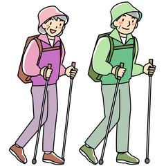 ポールを持ってウォーキングをするシニア夫婦