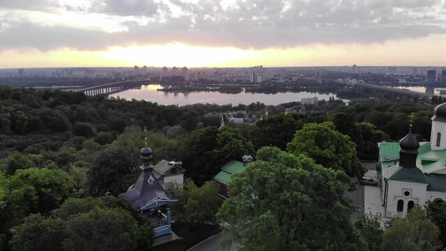 Holy Trinity Ioninsky Monastery. The drone flies near the church in a circle showing the panorama of the city.