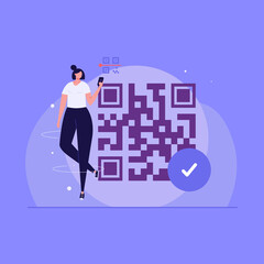 Woman using phone with QR sign. Users scanning QR-code for account sign in, payment online. Concept of QR code, cash register receipt, e-payment, qr verification. Flat vector illustration for UI, app
