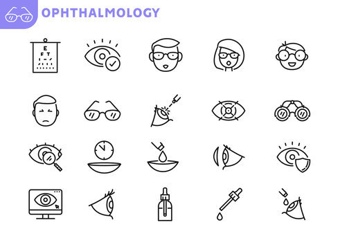 Ophthalmology line icons set. Checking eyesight, choosing glasses, laser vision correction  flat icons collection. Oculist consultation. Optometry equipment, health care outline signs. Editable stroke