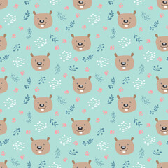 Cute Beaver Seamless pattern. Cartoon Animals in forest background. Vector illustration