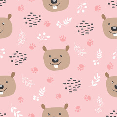 Cute Beaver Seamless pattern. Cartoon Animals in forest background. Vector illustration