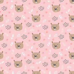 Obraz premium Cute Beaver Seamless pattern. Cartoon Animals in forest background. Vector illustration