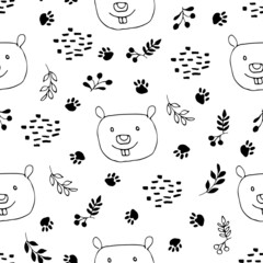 Naklejka premium Cute Beaver Seamless pattern. Cartoon Animals in forest background. Vector illustration