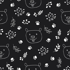 Cute Beaver Seamless pattern. Cartoon Animals in forest background. Vector illustration