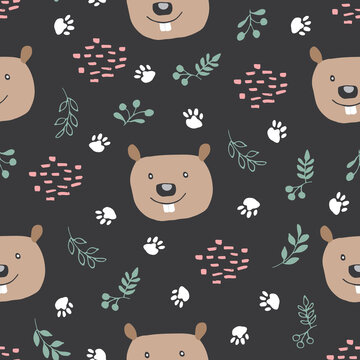 Cute Beaver Seamless pattern. Cartoon Animals in forest background. Vector illustration