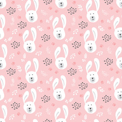 Cute rabbit Seamless pattern. Cartoon Animals in forest background. Vector illustration