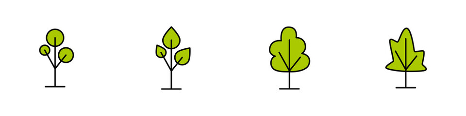 Conjunto de iconos de árboles. Concepto de verano, naturaleza y decoraciones. Bosque. Ilustración vectorial