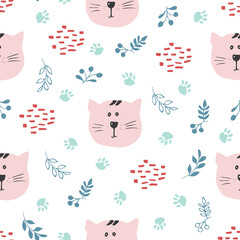 Cute Cat Seamless pattern. Cartoon Animals in forest background. Vector illustration